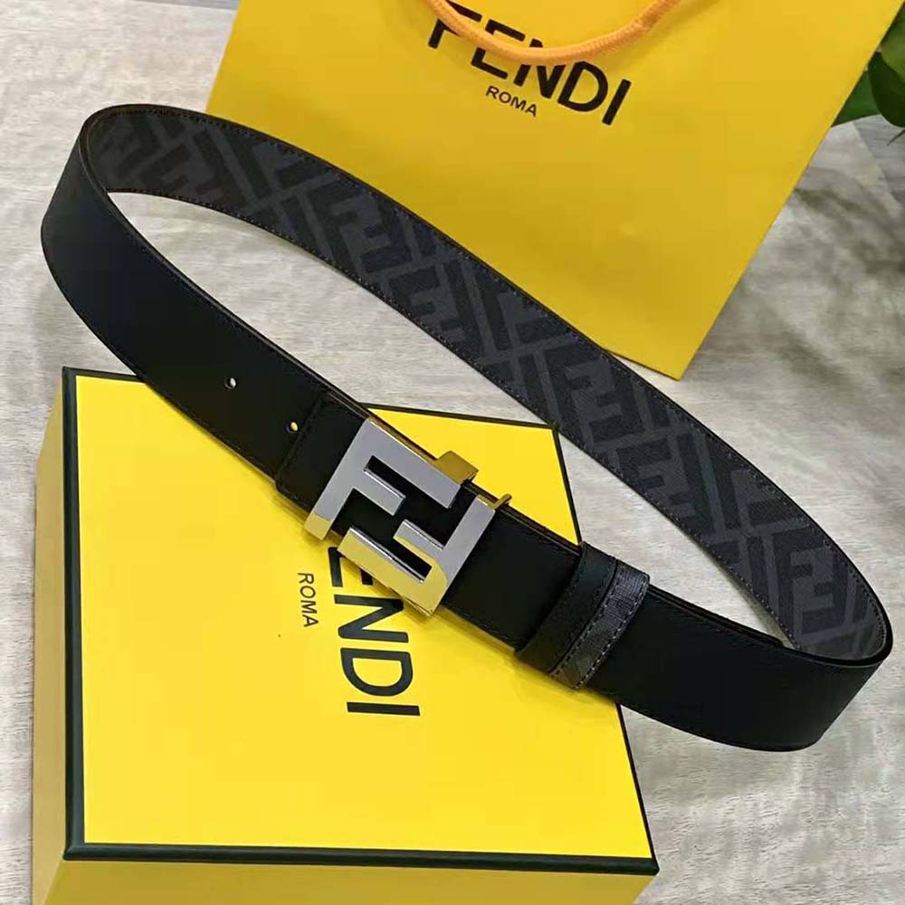 Close-up of silver FF logo buckle on Fendi reversible belt