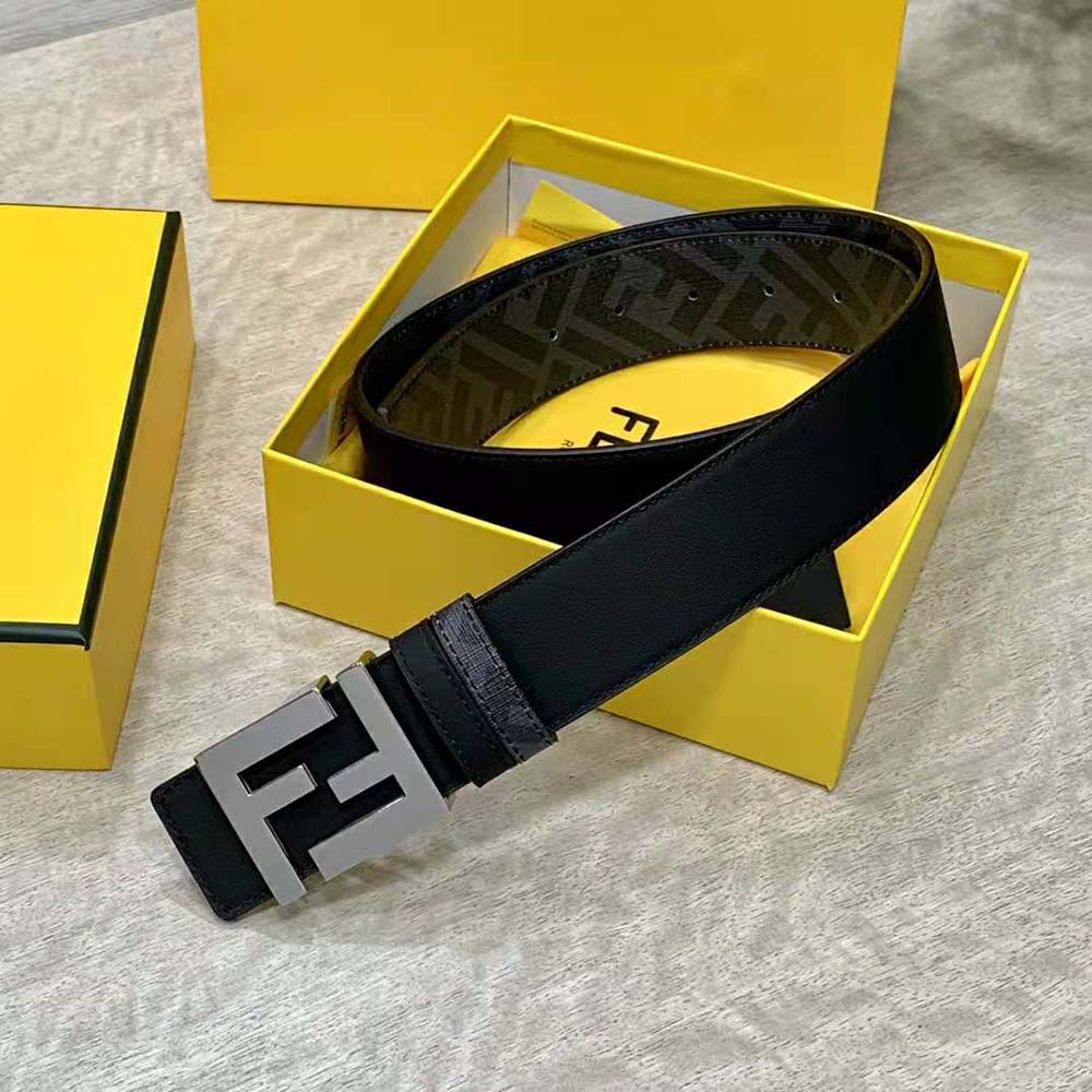Fendi Men FF Rounded Belt Black Leather Reversible-Silver - image 5