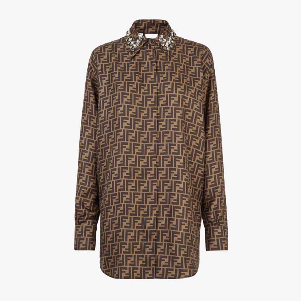 Front view of Fendi Women Dress Brown FF Twill Shirt showcasing button details