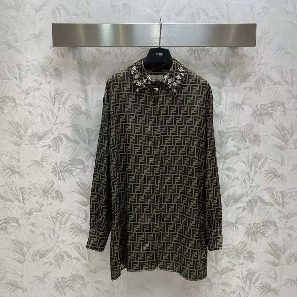Side angle of Fendi Women Dress Brown FF Twill Shirt with collar detail