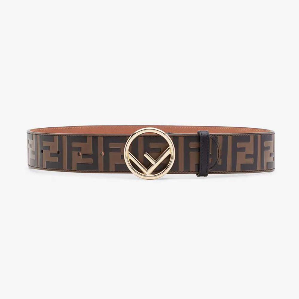 Front view of Fendi Women F is Fendi Belt Brown FF leather with gold hardware