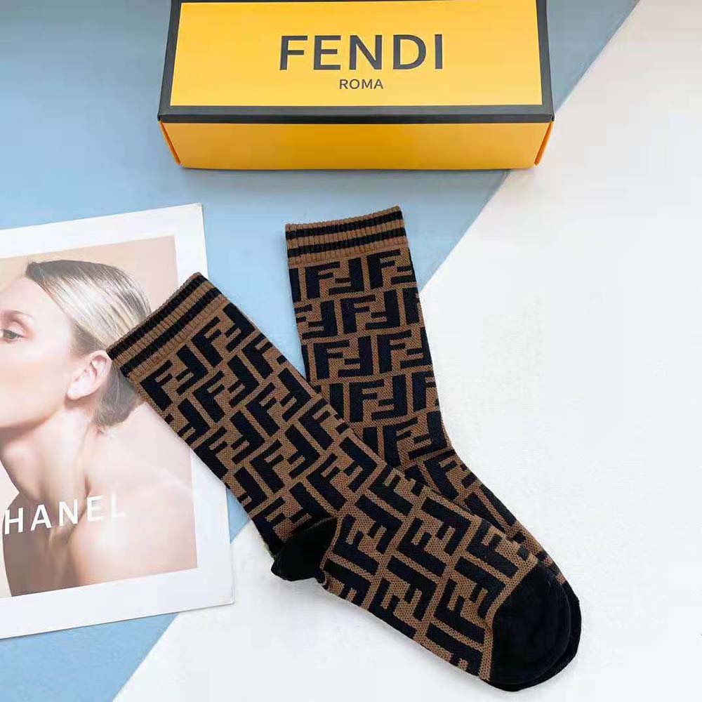 Close-up detail of Fendi logo embroidery on multicolor terrycloth socks