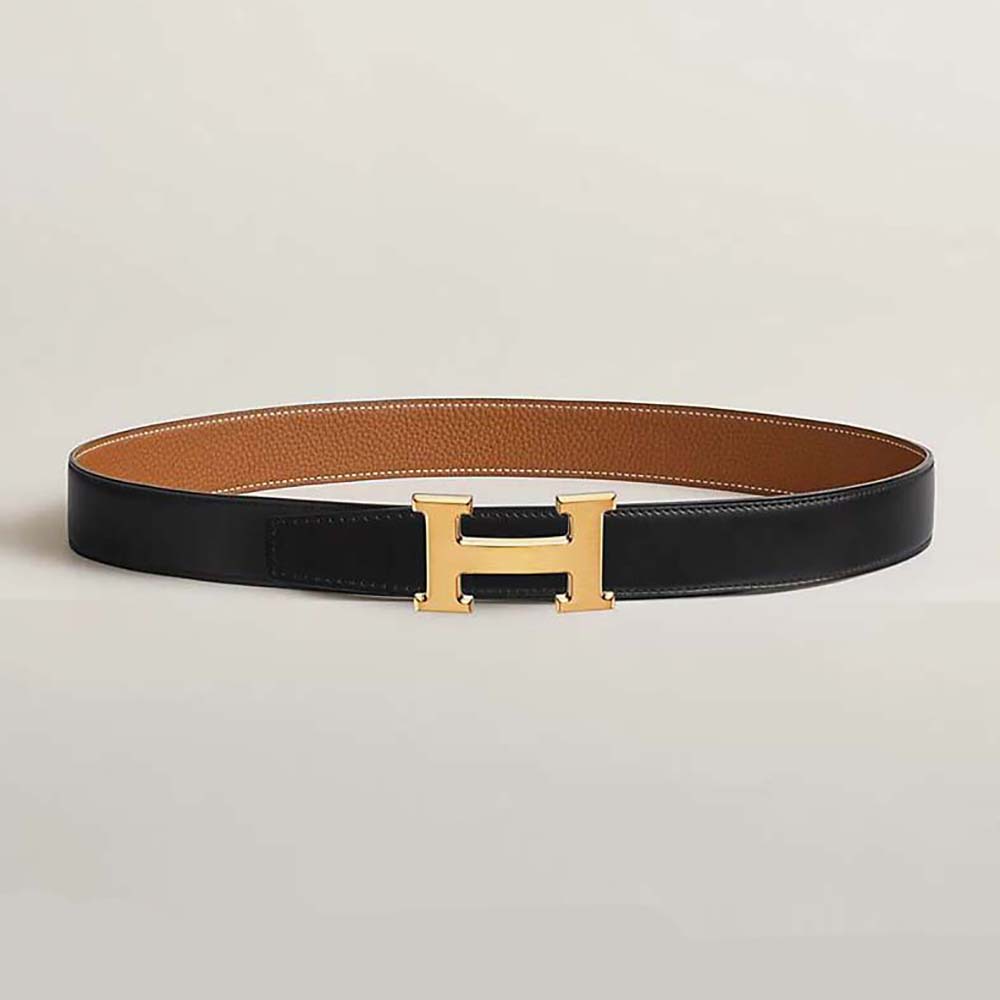 Front view of Hermes Men H Belt Buckle & Reversible Leather Strap 32 mm-Black