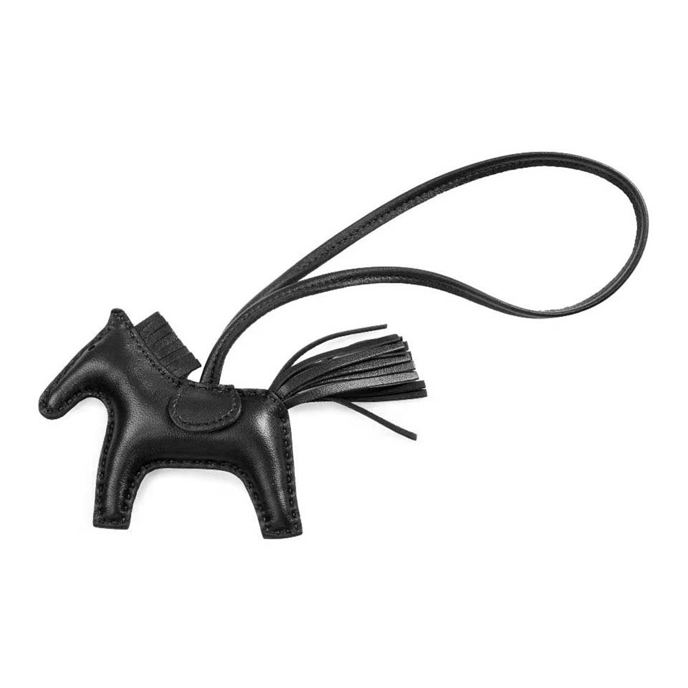 Front view of Hermes Unisex Rodeo MM Charm-Black on white background