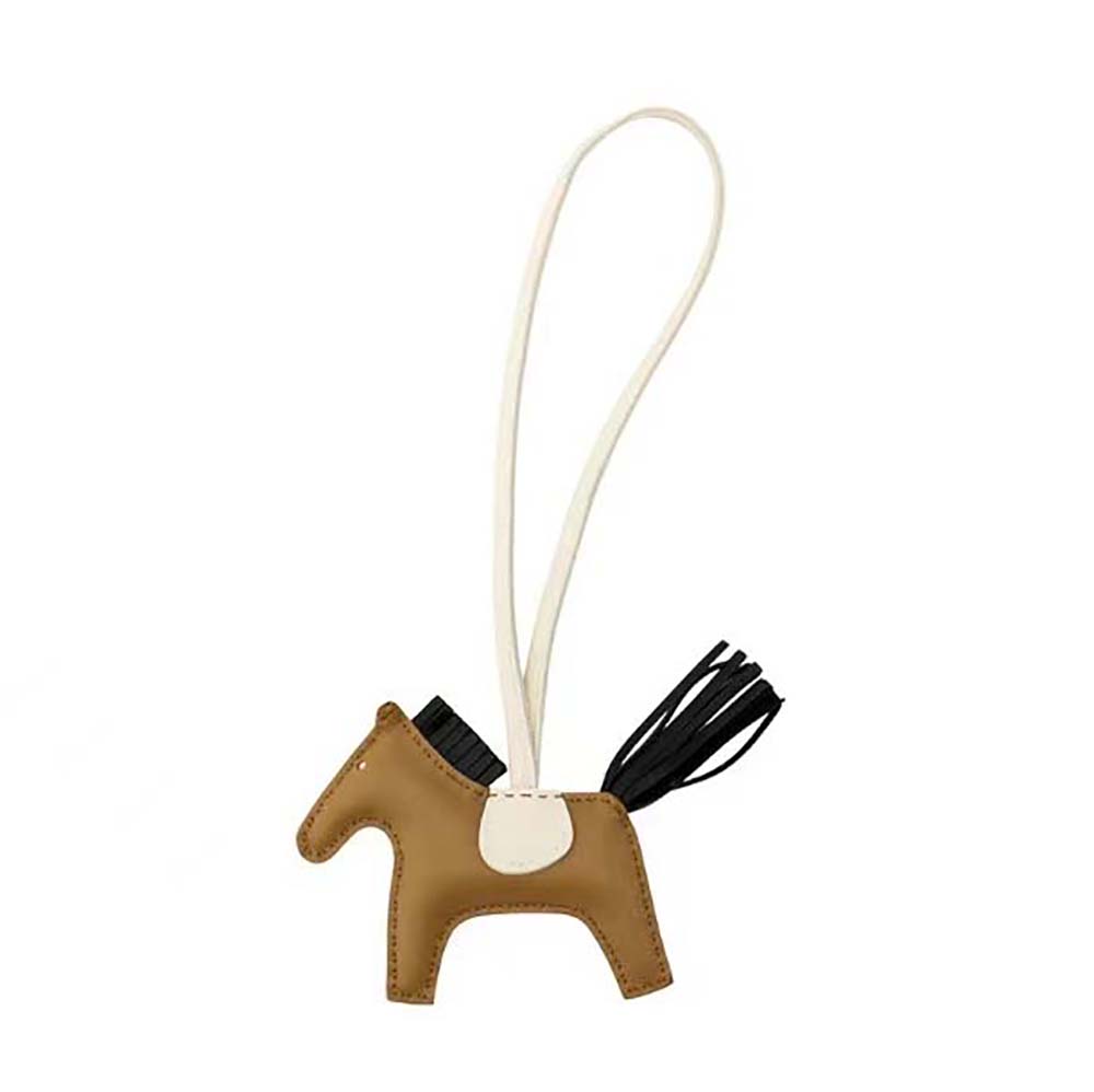 Close-up of Hermes Unisex Rodeo MM Charm-Brown braided leather detail