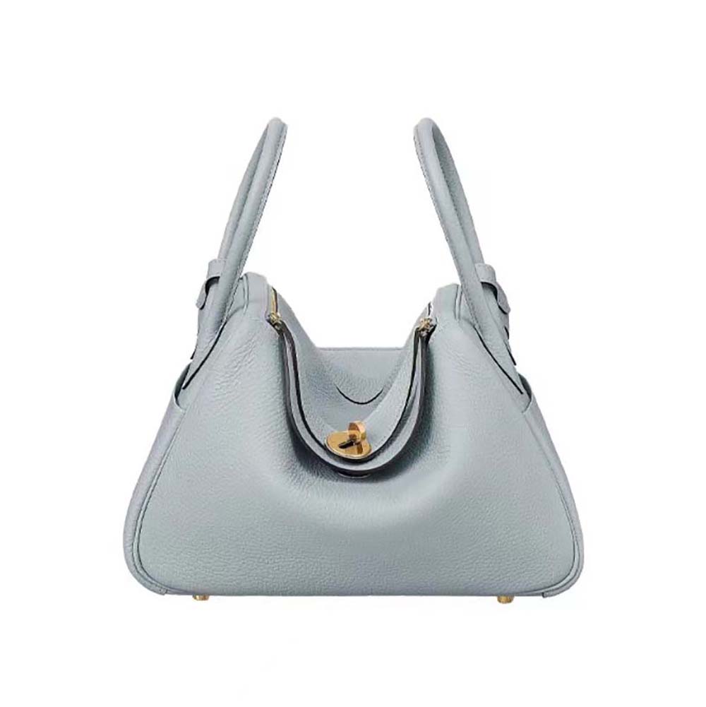 Front view of Hermes Women Lindy 26 in Clemence Leather-Blue
