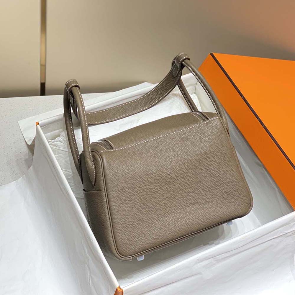Side angle showing soft Clemence leather texture on Hermes Women Lindy