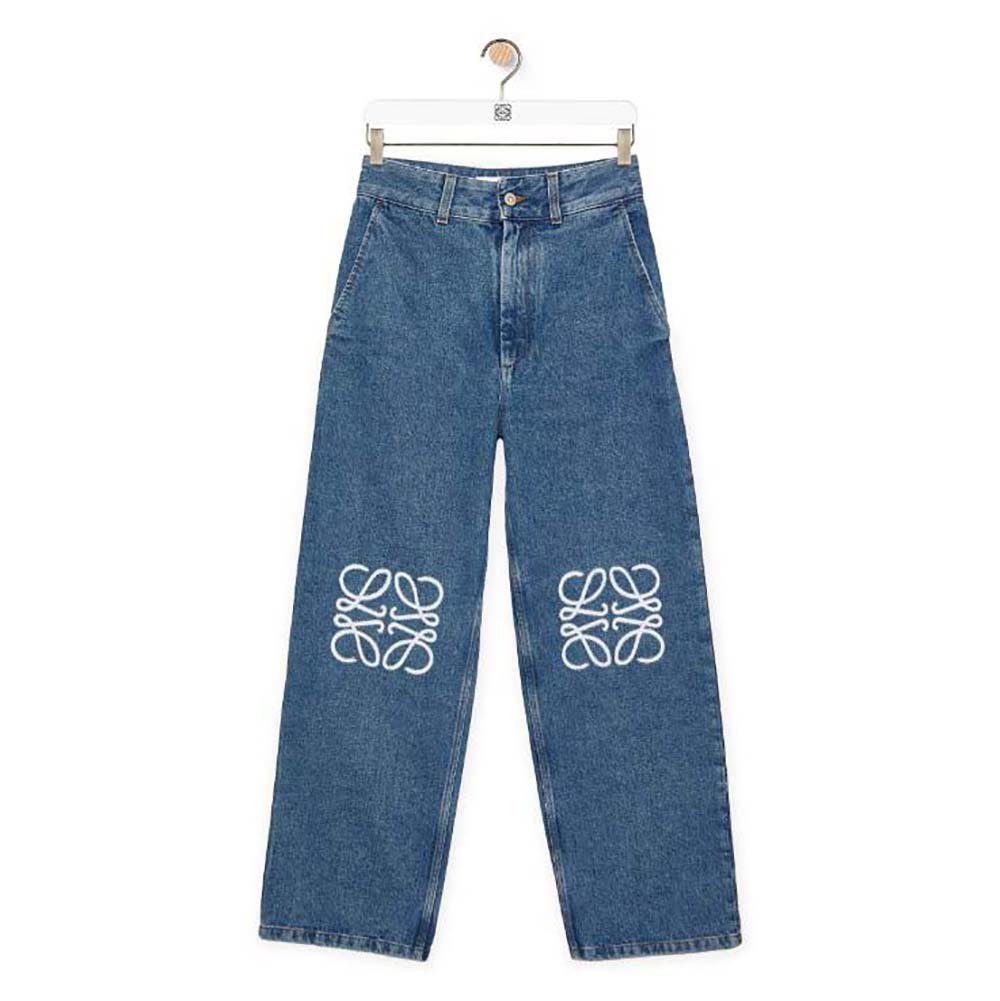 Front view of Loewe Men Anagram Cropped Jeans in Denim navy color