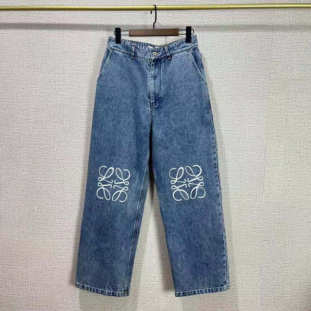 Close-up of Loewe signature anagram patch on cropped denim jeans