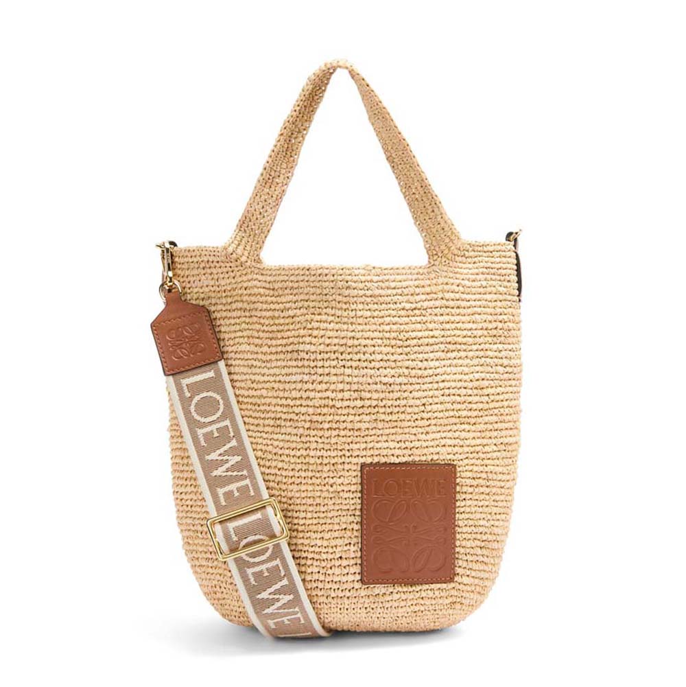 Front angle of Loewe Women Mini Slit Bag in Raffia and Calfskin-Beige