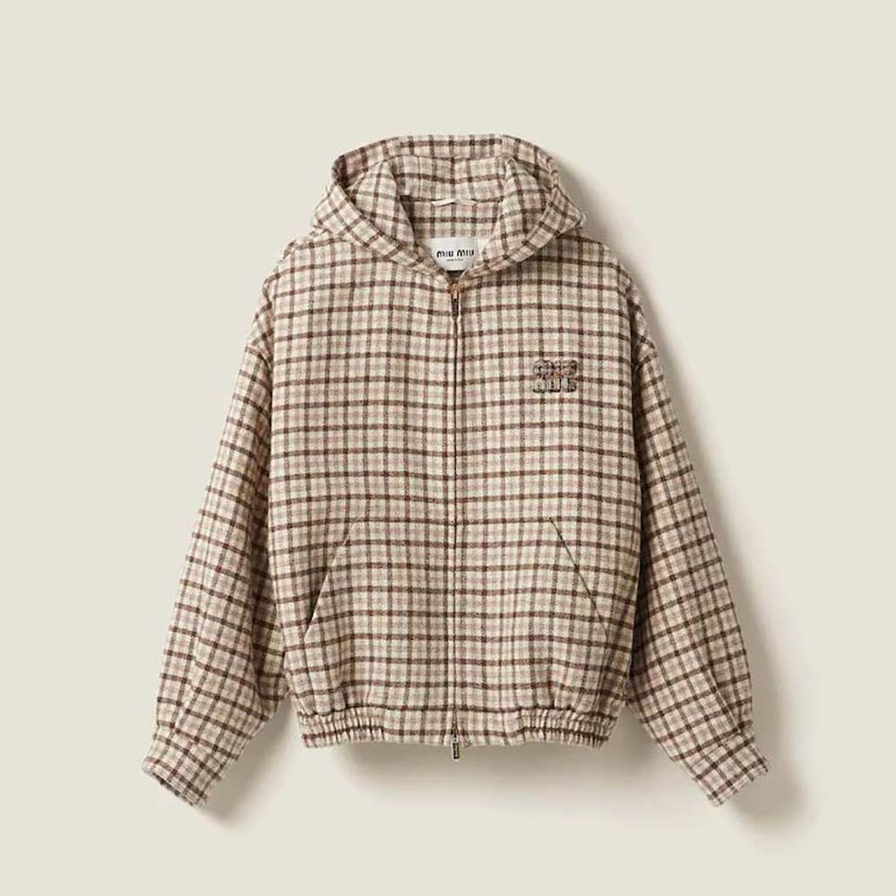 Front view of Miu Miu Women Check Blouson Jacket with Embroidered Logo