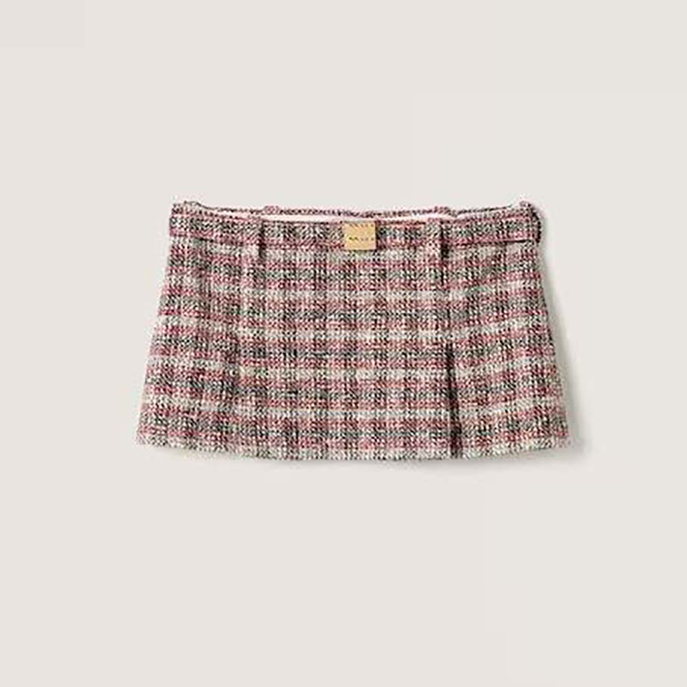 Front view of Miu Miu Women Check Miniskirt With Logo-decorated in pink