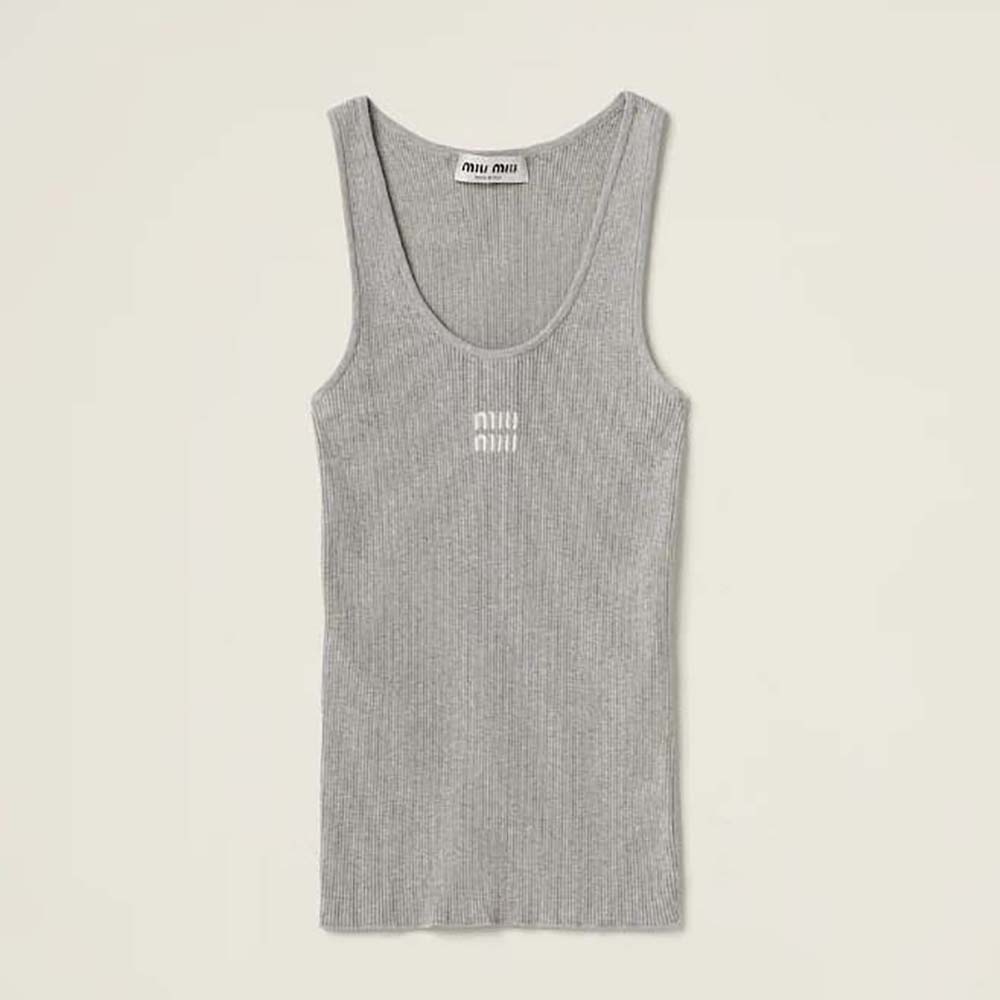 Front view of Miu Miu Women Cotton Knit Tank Top-Silver showing slim fit