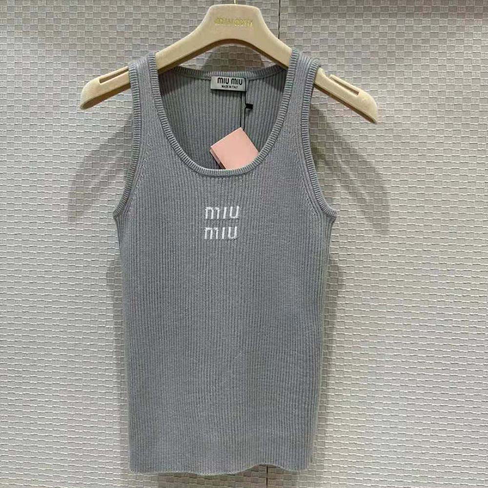 Close-up detail of silver knit fabric on Miu Miu Women Cotton Knit Tank Top-Silver