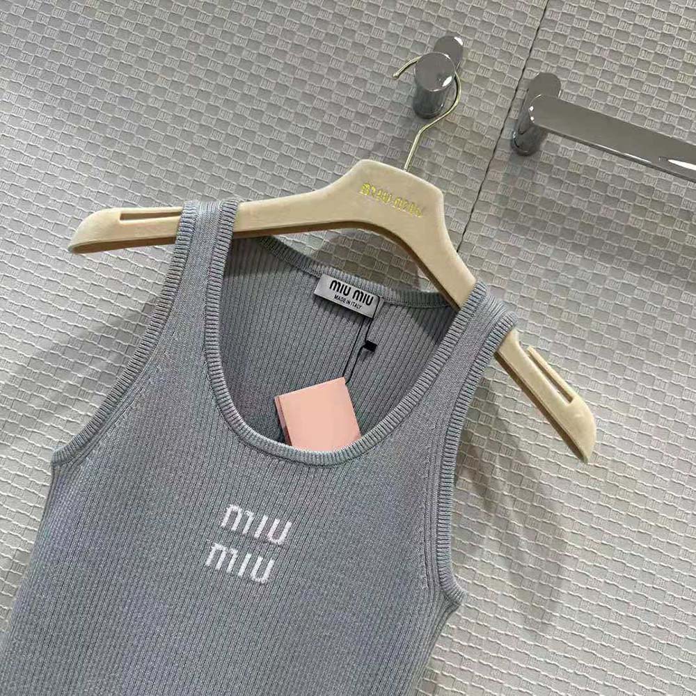 Miu Miu Women Cotton Knit Tank Top-Silver - image 4