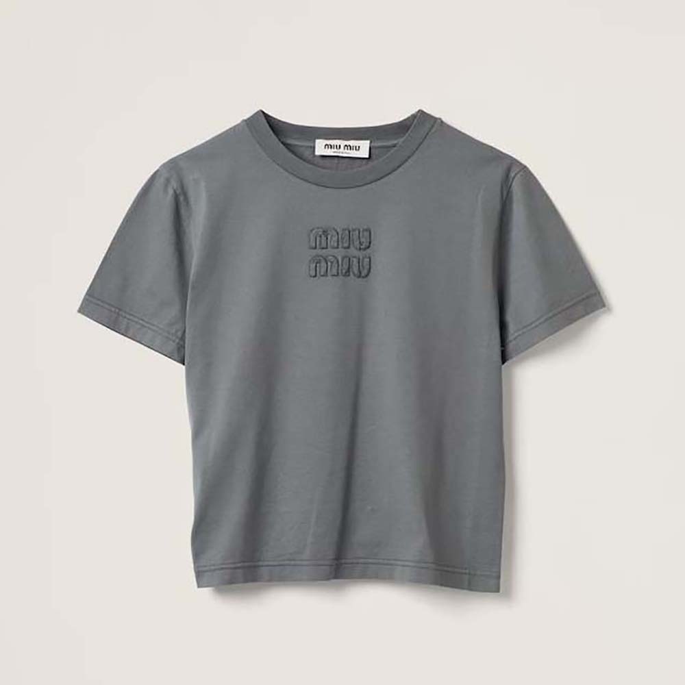 Front view of Miu Miu Women Garment-dyed Jersey T-shirt with Embroidered Logo in gray