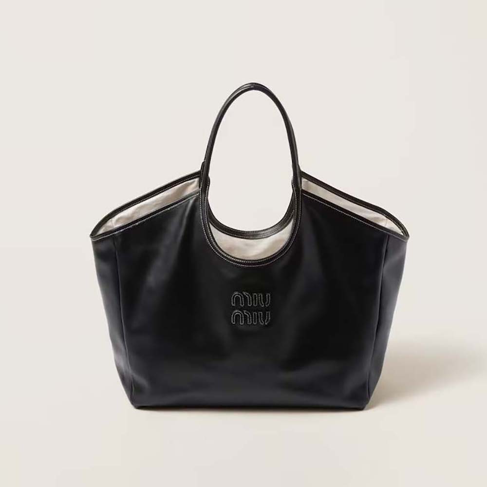 Front view of Miu Miu Women IVY Leather Bag with Leather Lettering Logo-Black
