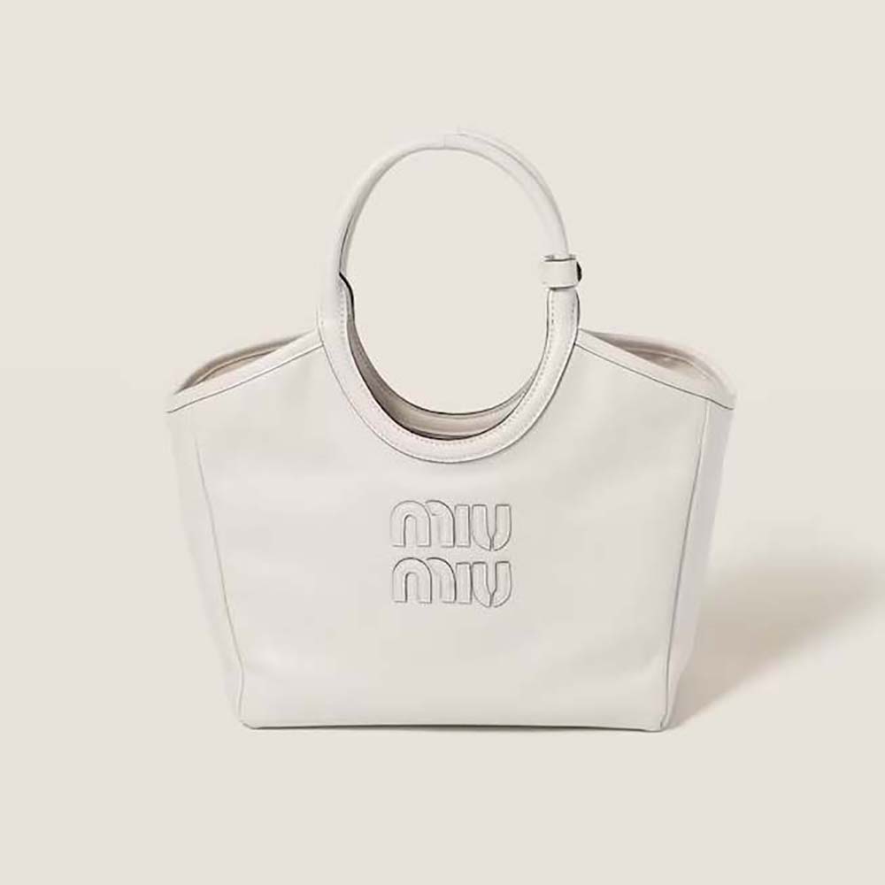 Front view of Miu Miu Women IVY Leather Bag with Leather Lettering Logo-White