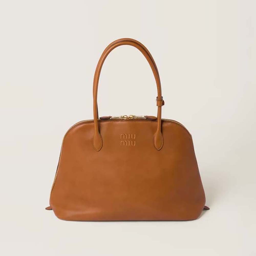 Front view of Miu Miu Women Leather Bag with Embossed Lettering Logo-Brown