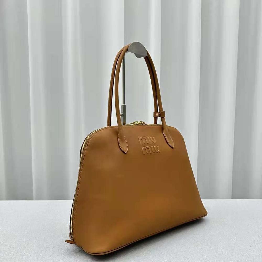 Miu Miu Women Leather Bag with Embossed Lettering Logo-Brown - image 4