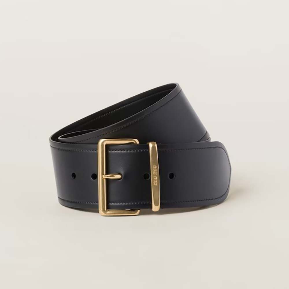 Front view of Miu Miu Women Leather Belt-Black with polished buckle