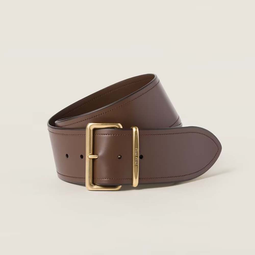 Front view of Miu Miu Women Leather Belt-Chocolate with buckle