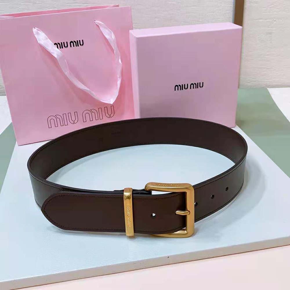 Close-up of polished buckle on Miu Miu Women Leather Belt-Chocolate