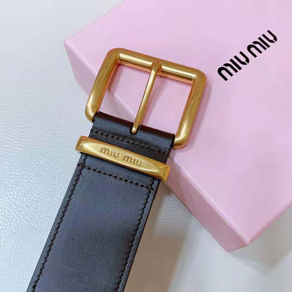 Side angle showing leather texture of Miu Miu Women Leather Belt-Chocolate