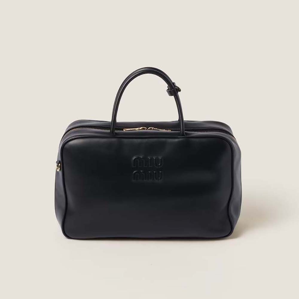 Front view of Miu Miu Women Leather Top-handle Bag with Embossed Lettering Logo-Black