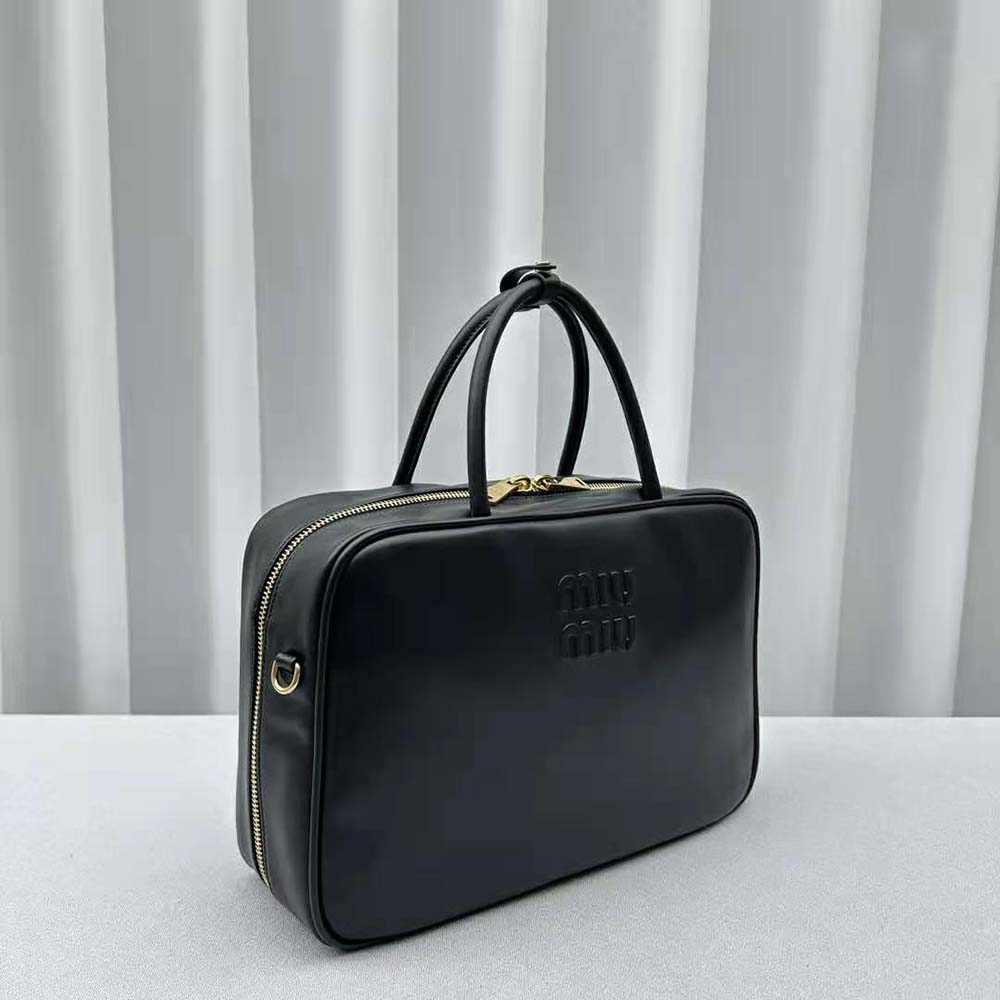 Miu Miu Women Leather Top-handle Bag with Embossed Lettering Logo-Black - image 4