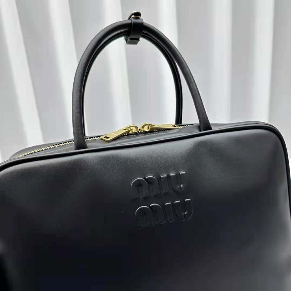 Miu Miu Women Leather Top-handle Bag with Embossed Lettering Logo-Black - image 7