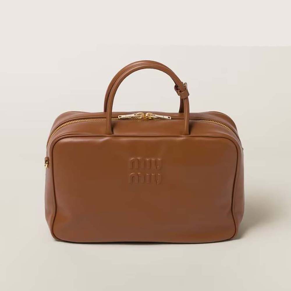 Front angle of Miu Miu Women Leather Top-handle Bag with Embossed Lettering Logo-Brown