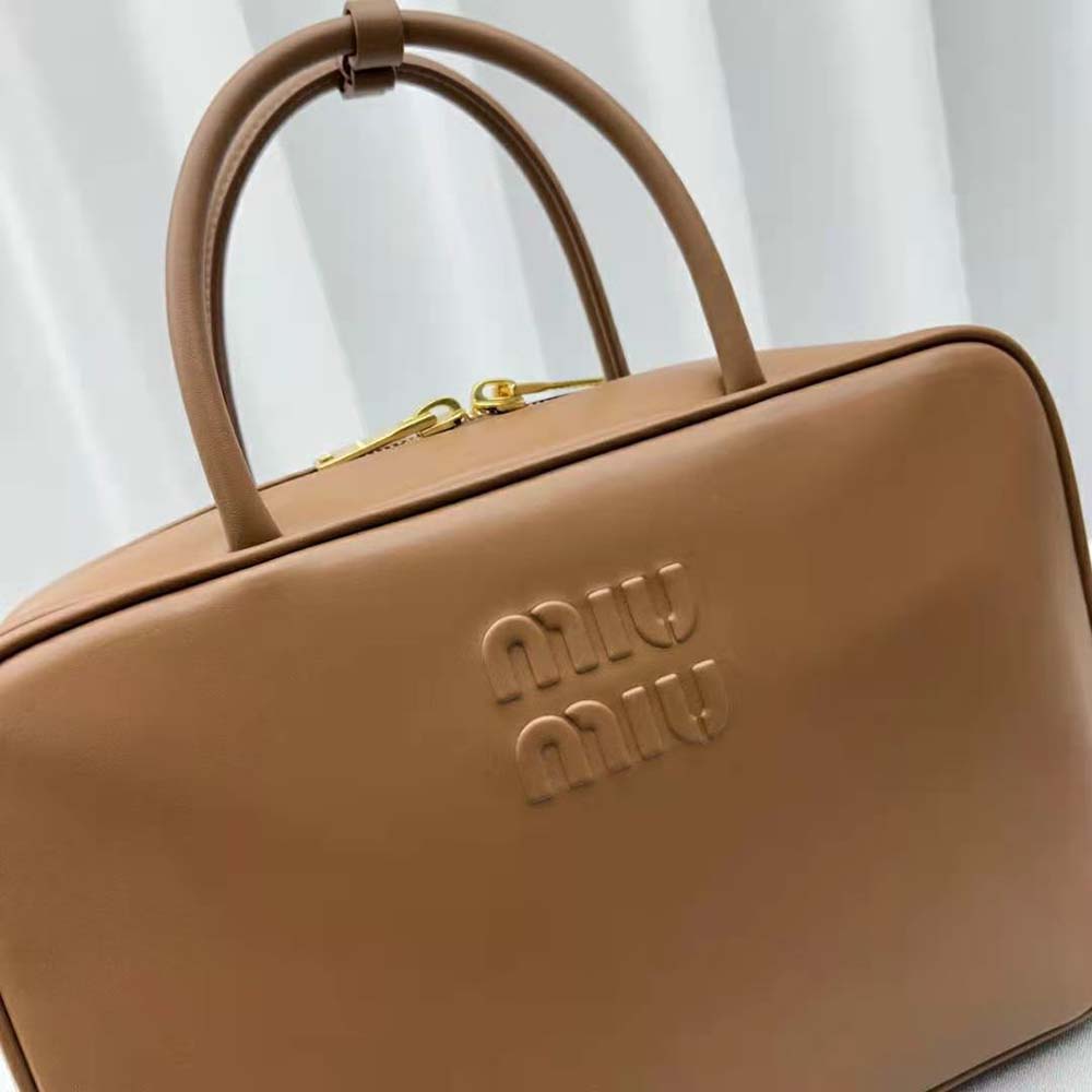 Miu Miu Women Leather Top-handle Bag with Embossed Lettering Logo-Brown - image 6