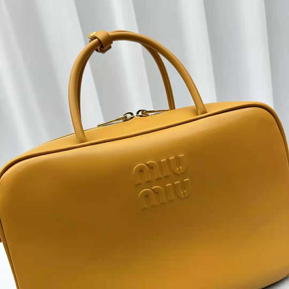 Miu Miu Women Leather Top-handle Bag with Embossed Lettering Logo-Orange - image 6