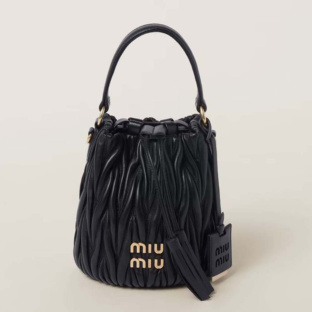Front view of Miu Miu Women Matelassé Nappa Leather Bucket Bag-Black