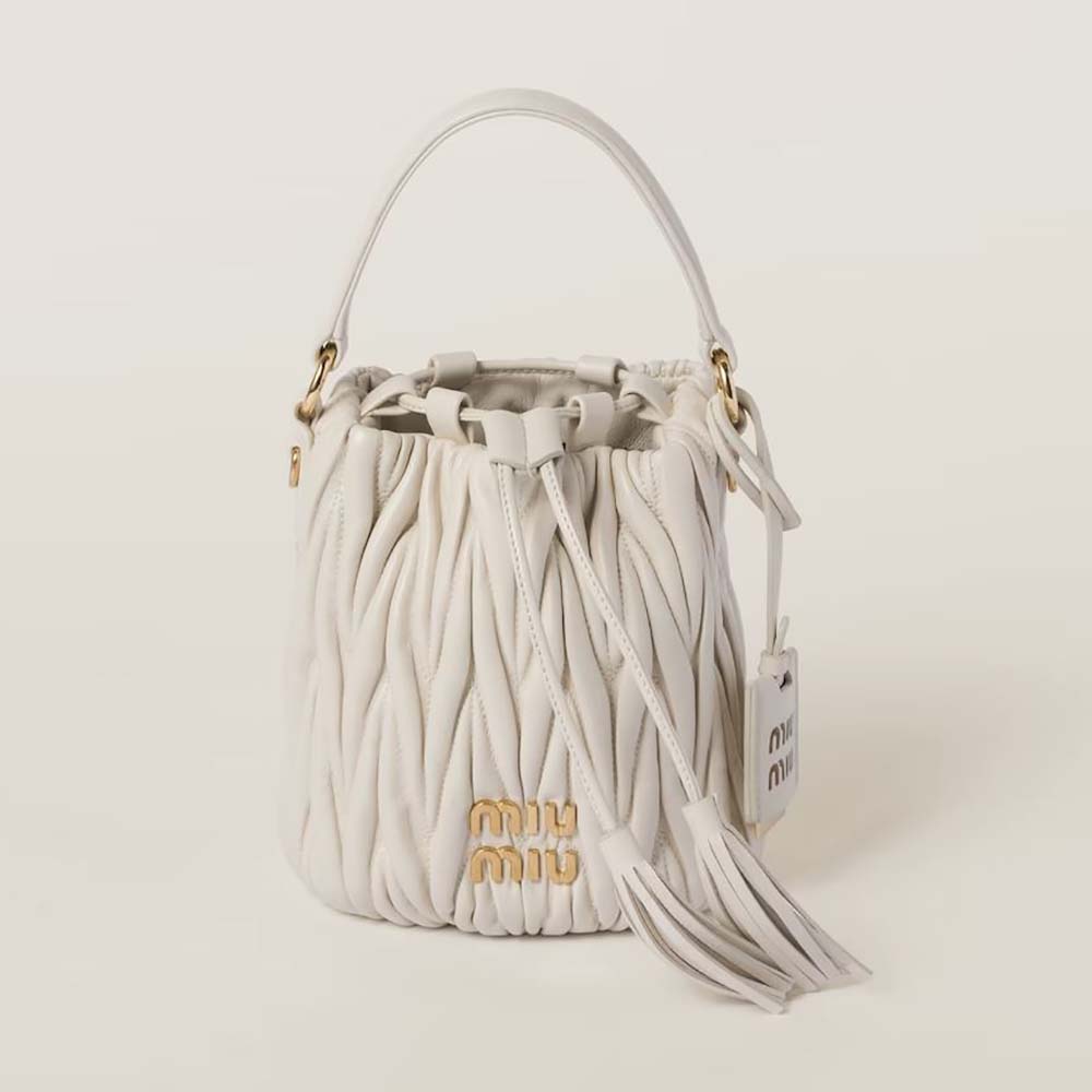 Front view of Miu Miu Women Matelassé Nappa Leather Bucket Bag-White with silver hardware