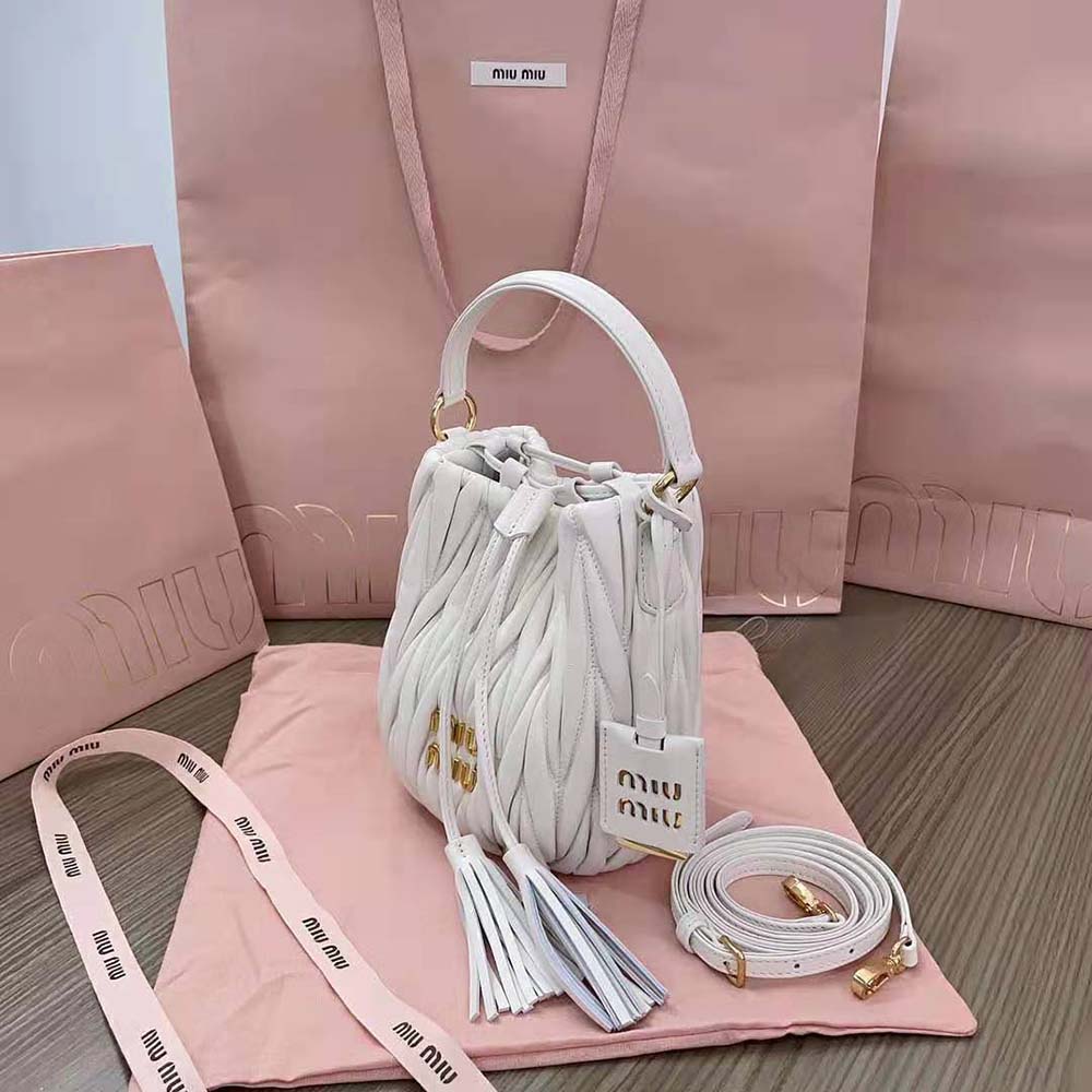 Miu Miu Women Matelassé Nappa Leather Bucket Bag-White - image 5