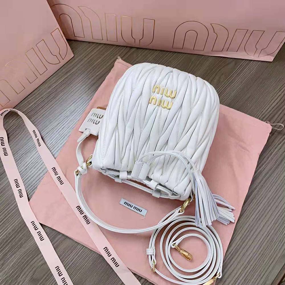 Miu Miu Women Matelassé Nappa Leather Bucket Bag-White - image 6