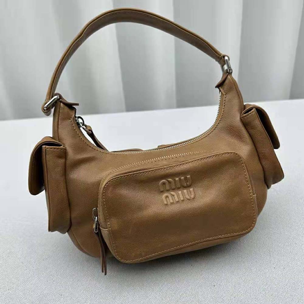 Miu Miu Women Pocket Nappa Leather Bag with Embossed Lettering Logo-Brown - image 6