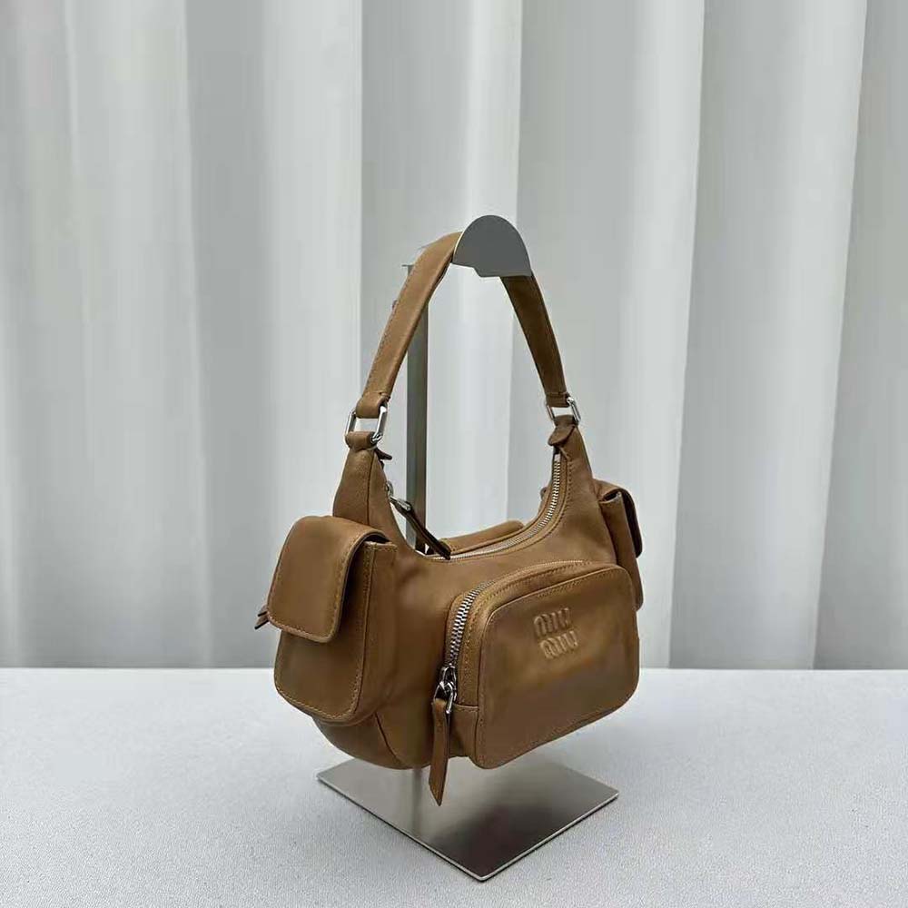 Miu Miu Women Pocket Nappa Leather Bag with Embossed Lettering Logo-Brown - image 4