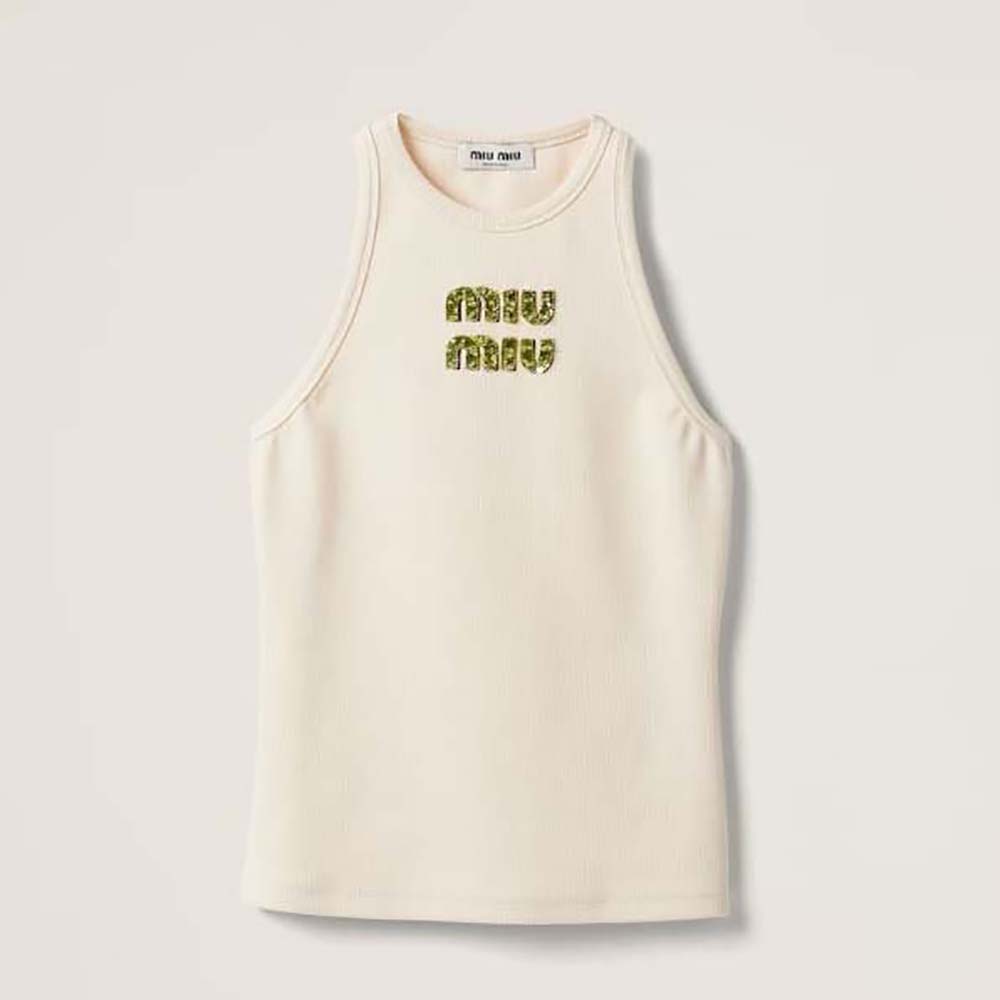 Front view of Miu Miu Women Ribbed Jersey Top with Embroidered Logo-Beige