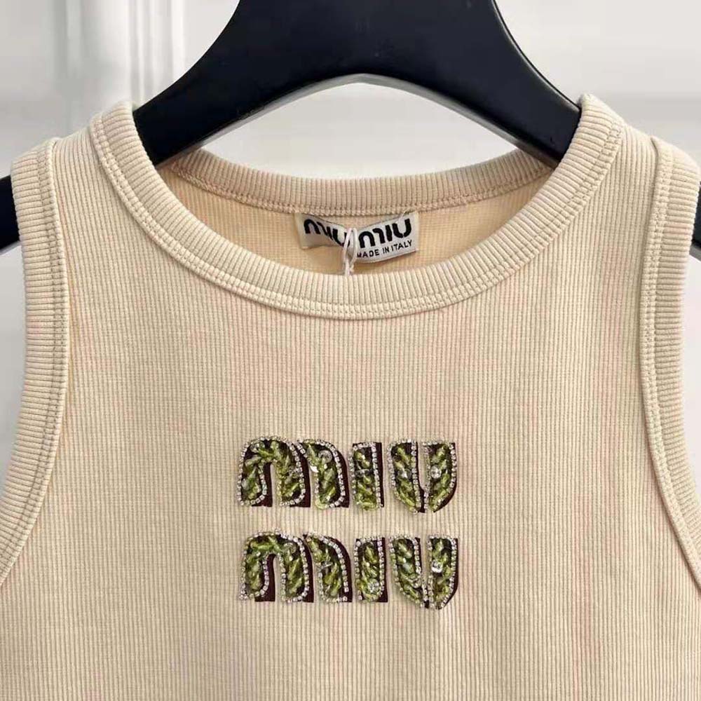Miu Miu Women Ribbed Jersey Top with Embroidered Logo-Beige - image 4