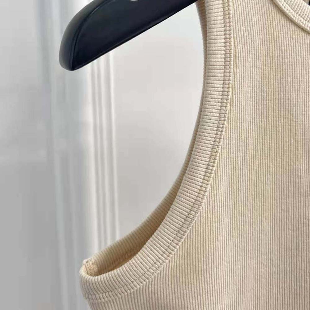 Miu Miu Women Ribbed Jersey Top with Embroidered Logo-Beige - image 6