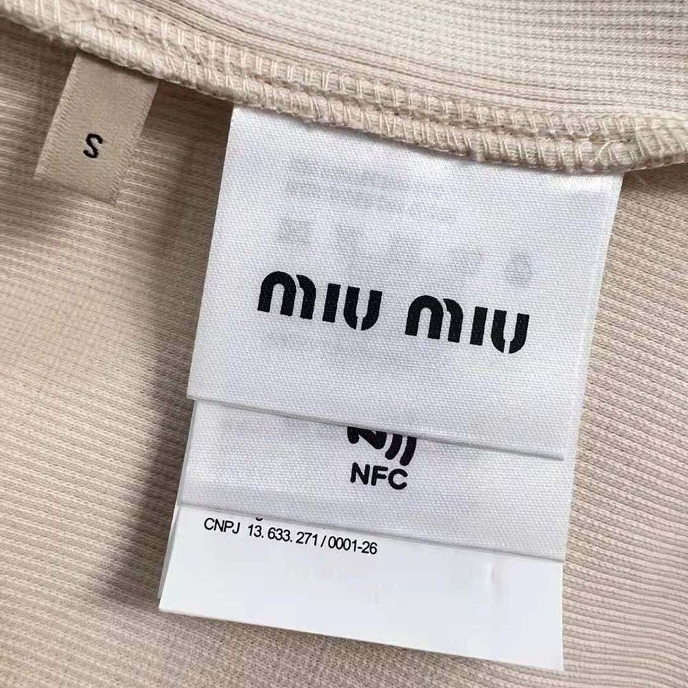 Miu Miu Women Ribbed Jersey Top with Embroidered Logo-Beige - image 9
