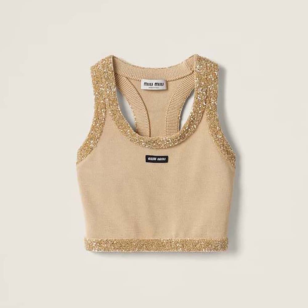 Front view of Miu Miu Women Silk Knit Top-Beige showing slim fit