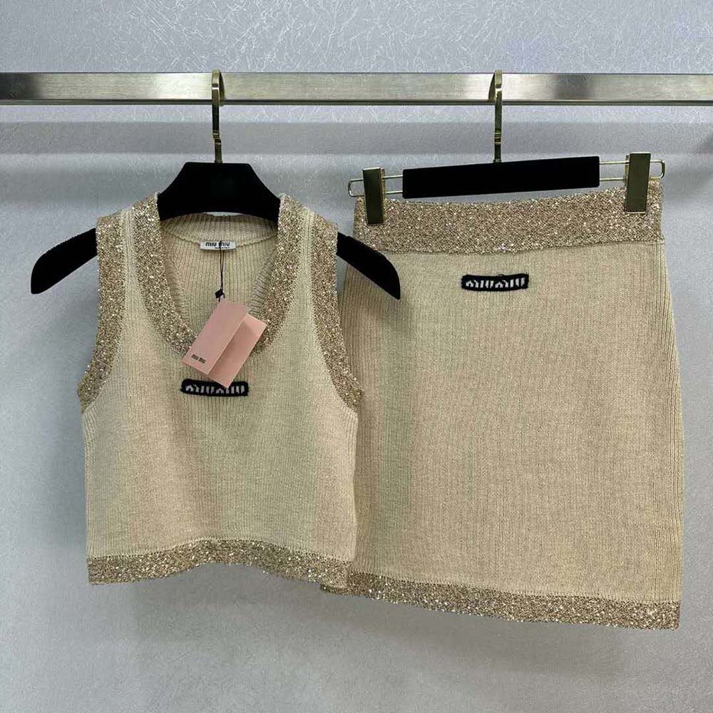 Close-up of silk knit texture on Miu Miu Women Silk Knit Top-Beige