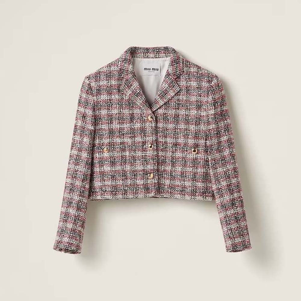 Front view of Miu Miu Women Single-breasted Check Jacket With Embroidered Miu Miu Logo