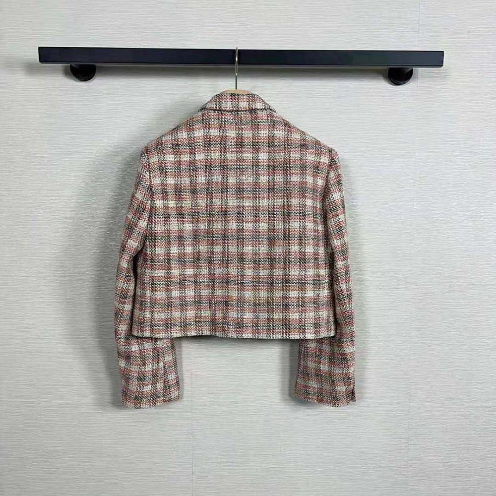 Side angle showcasing tailored fit of Miu Miu Women Single-breasted Check Jacket