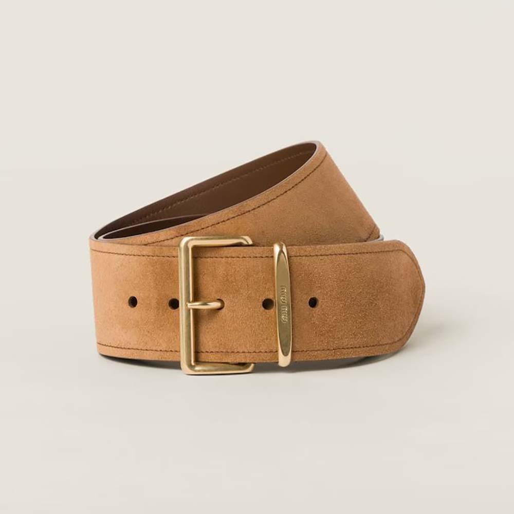 Front view of Miu Miu Women Suede Belt-Brown with gold buckle