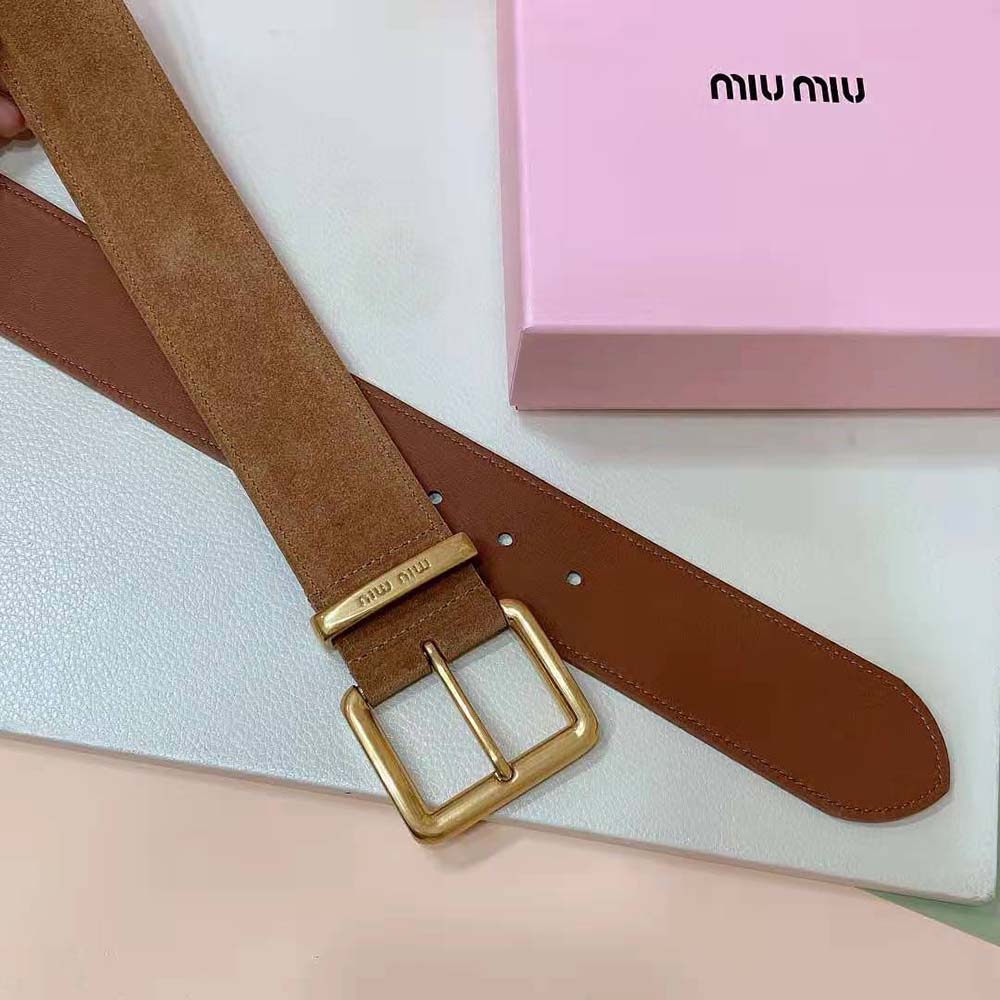 Side angle showing slim silhouette of Miu Miu Women Suede Belt-Brown
